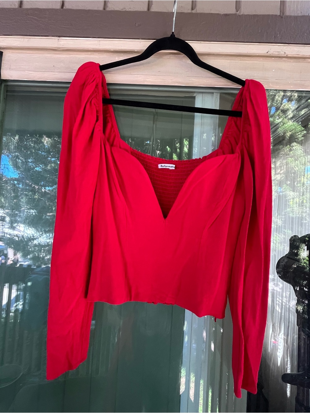Reformation Bright Red V-Neck Puff-Sleeve Long Sleeve Top